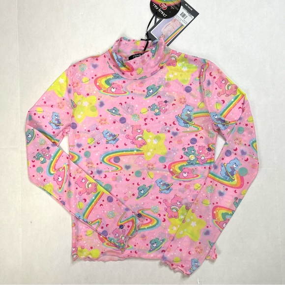 Dolls Kill x Care Bears Mesh Long Sleeve Lettuce Hem Pink Top Size Small - Picture 1 of 7